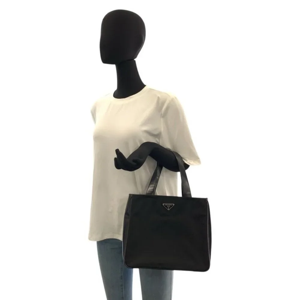 Prada Tessuto Black Silver Nylon Leather Handbag - Picture 6 of 9